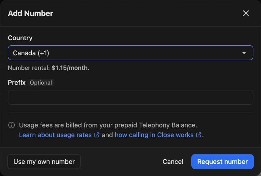 Close's Add Number dialog with Canada (+1) selected, showing Number rental: $1.15/month, an optional Prefix field and a Request number button