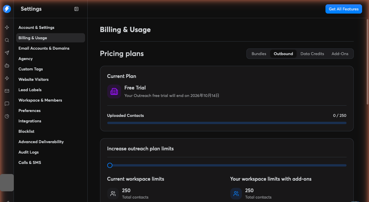 Instantly's Billing & Usage page on the Outbound tab in our trial account: Current Plan is Free Trial ending October 14, 2026, Uploaded Contacts 0 of 250, and a workspace-limits panel showing 250 total contacts