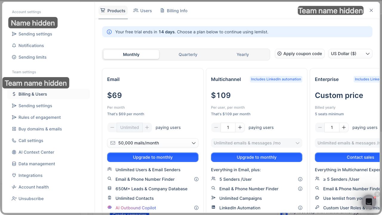 lemlist's Billing & Users plan dialog in our trial account (names masked): 'Your free trial ends in 14 days', Monthly selected, Email at $69 per month with unlimited paying users and a 50,000 mails/month selector, Multichannel at $109 per user per month, Enterprise at a custom price billed yearly with a 5-seat minimum, plus an Apply coupon code button and a US Dollar currency selector